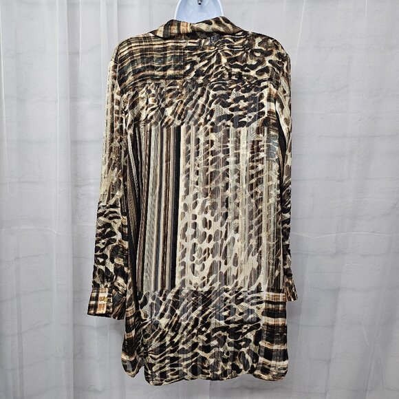 Chico's Brown Button Down Leopard Tunic Metallic Sheer Mobwife 2 (L) - Picture 7 of 12